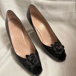 Bruno Magli Black Peep-Toe Heels with Floral Accent